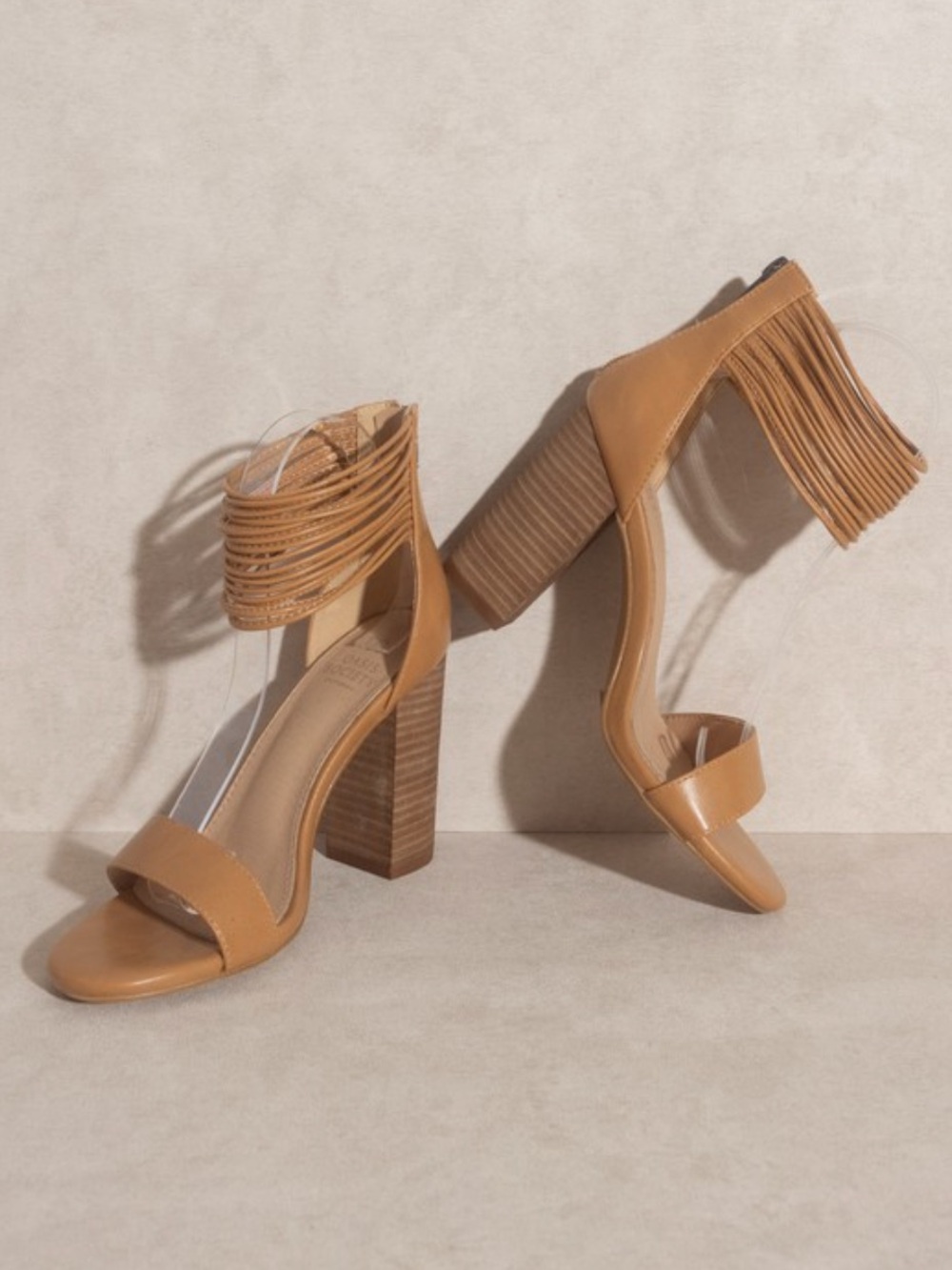 Oasis Society Fringe Ankle-Strap Block Heel Sandals in Tan